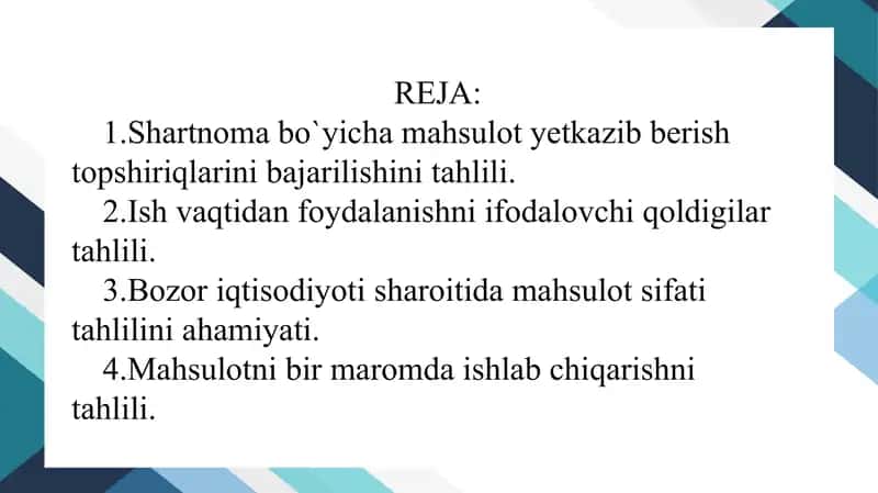 Shartnoma bo`yicha mahsulot yetkazib berish topshiriqlarini bajarilishini tahlili. 1