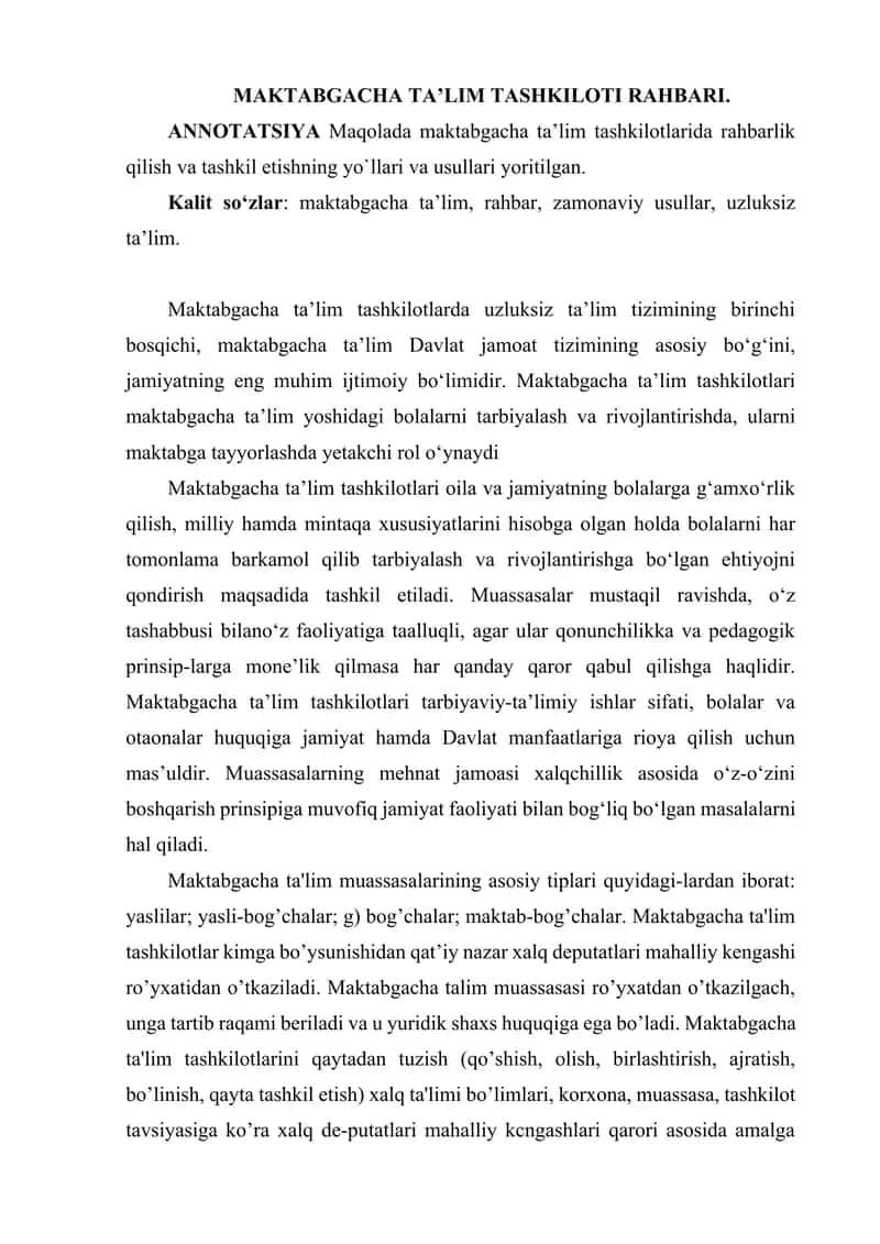 MAKTABGACHA TA’LIM TASHKILOTI RAHBARI. 1