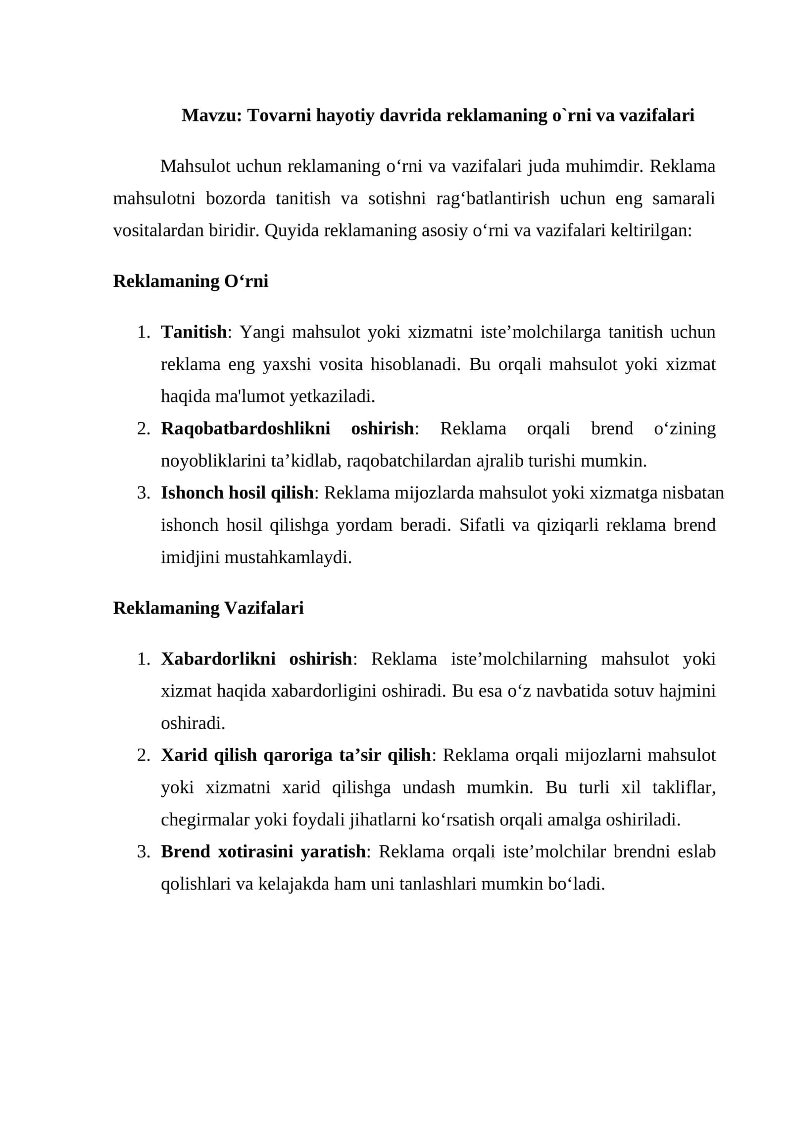 Tovarni hayotiy davrida reklamaning o`rni va vazifalari 1