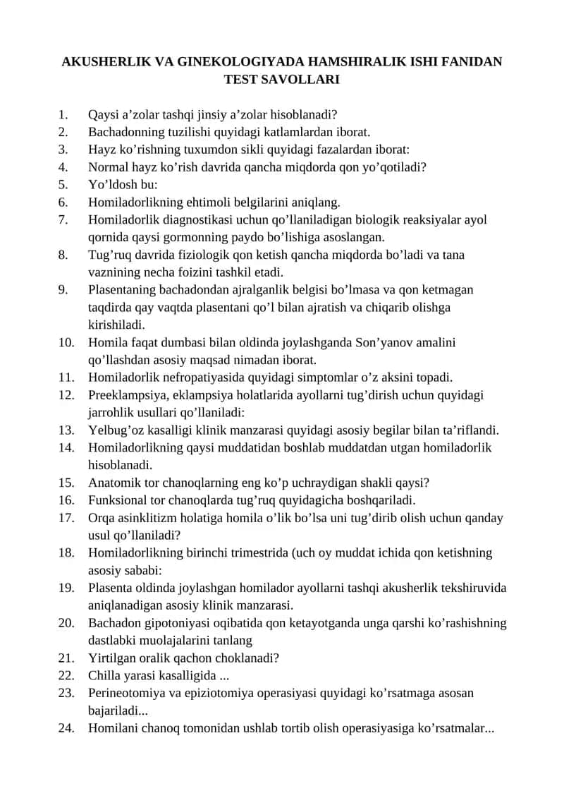 AKUSHERLIK VA GINEKOLOGIYADA HAMSHIRALIK ISHI FANIDAN TEST SAVOLLARI 1