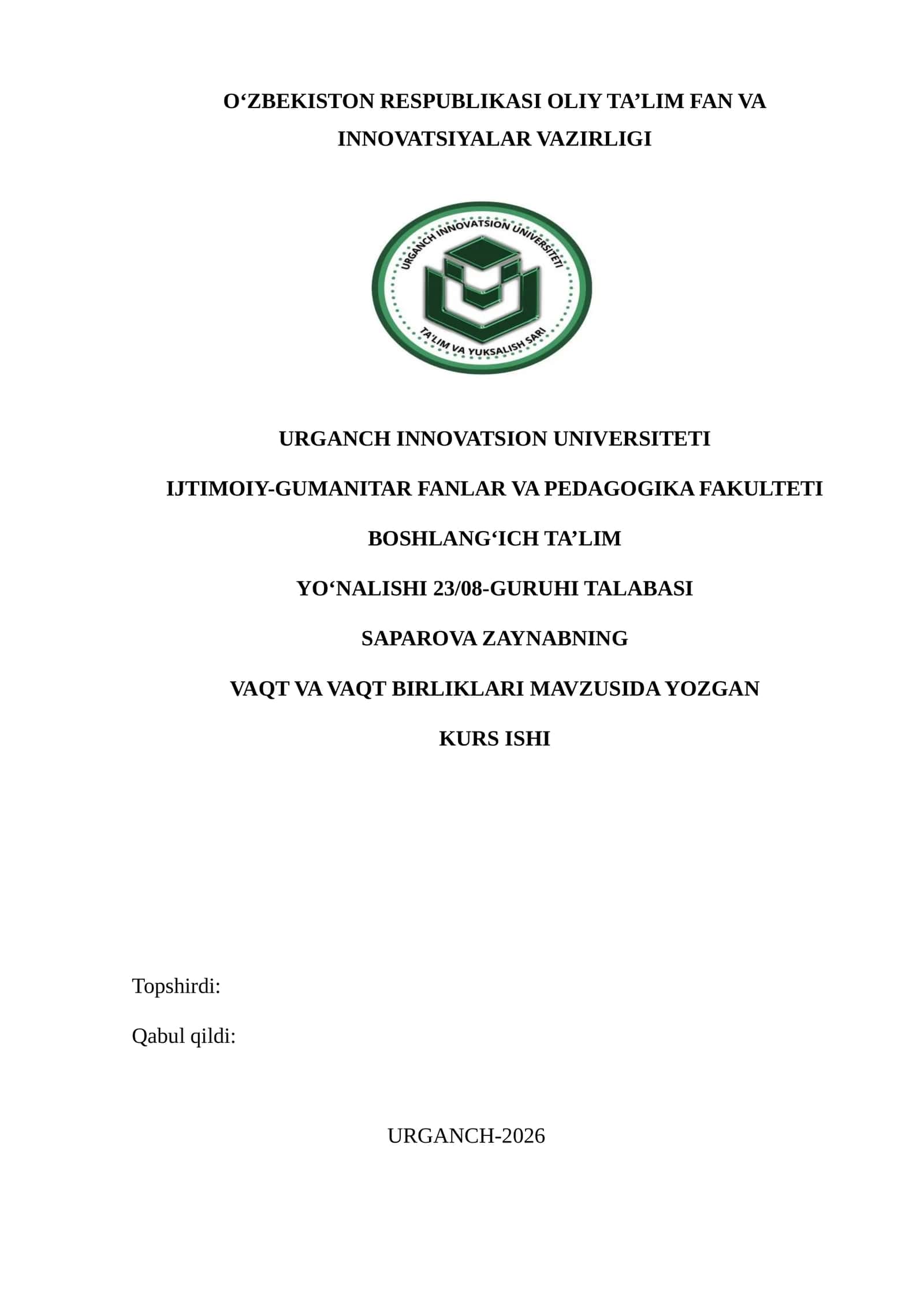 VAQT VA VAQT BIRLIKLARI MAVZUSIDA YOZGAN KURS ISHI 1