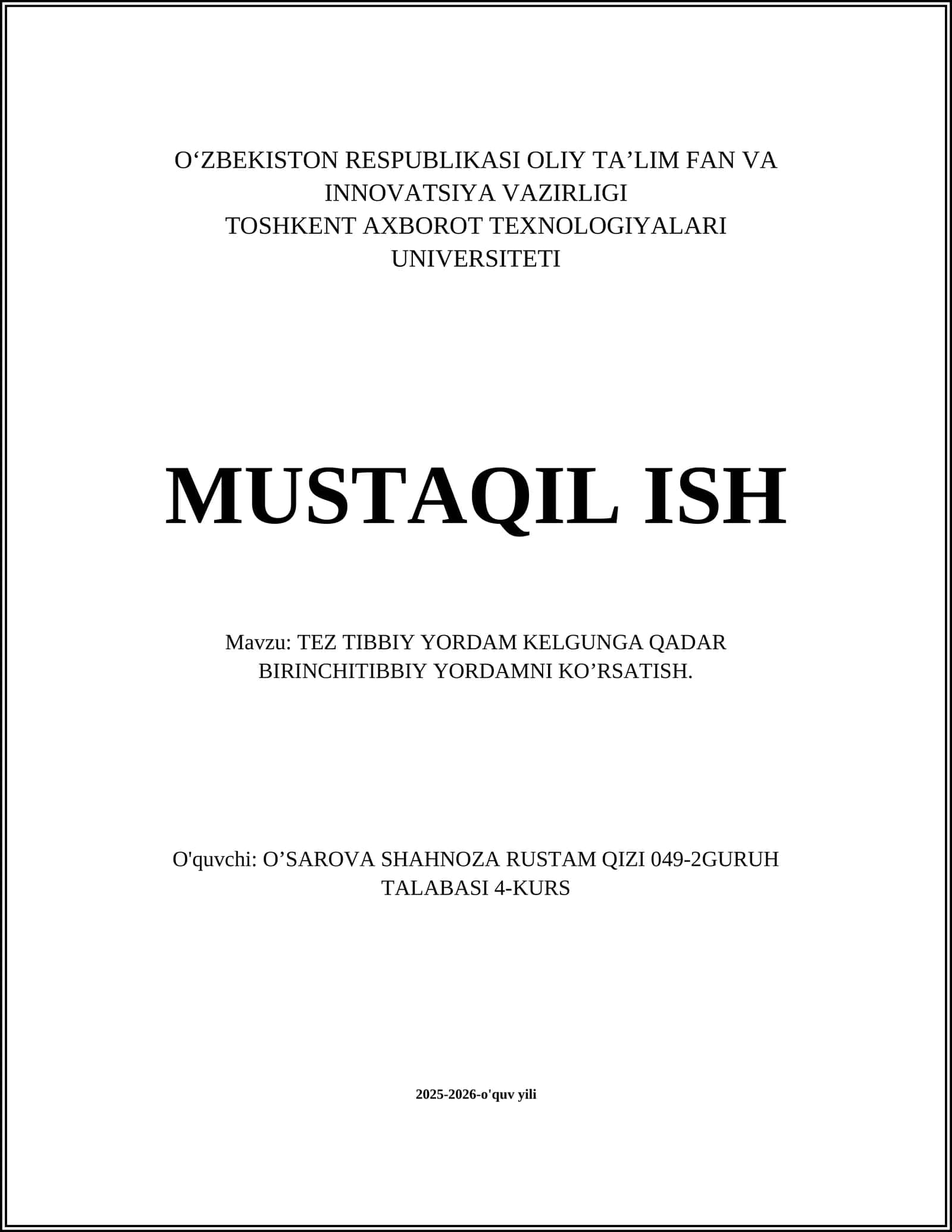 TEZ TIBBIY YORDAM KELGUNGA QADAR BIRINCHITIBBIY YORDAMNI KO’RSATISH 1
