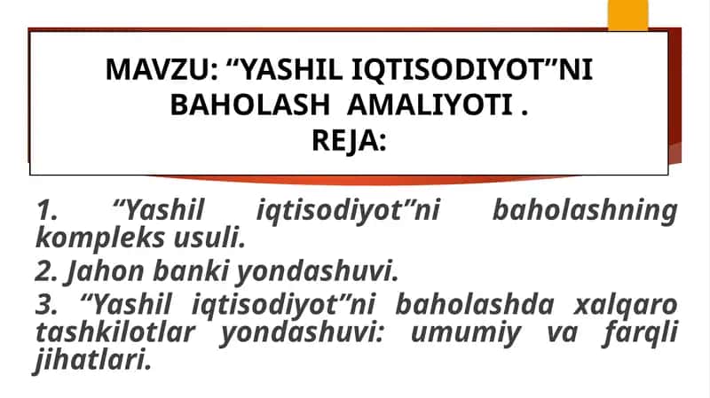 “YASHIL IQTISODIYOT”NI BAHOLASH  AMALIYOTI 1