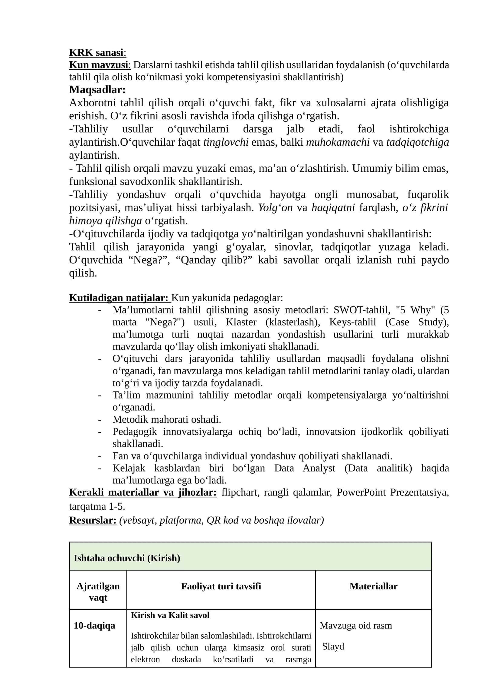 Darslarni tashkil etishda tahlil qilish usullaridan foydalanish (oʻquvchilarda tahlil qila olish koʻnikmasi yoki kompetensiyasini shakllantirish) 1