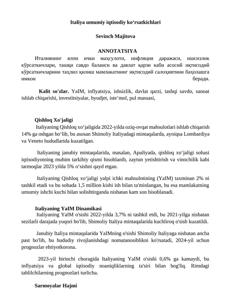 Italiya umumiy iqtisodiy koʻrsatkichlari 1