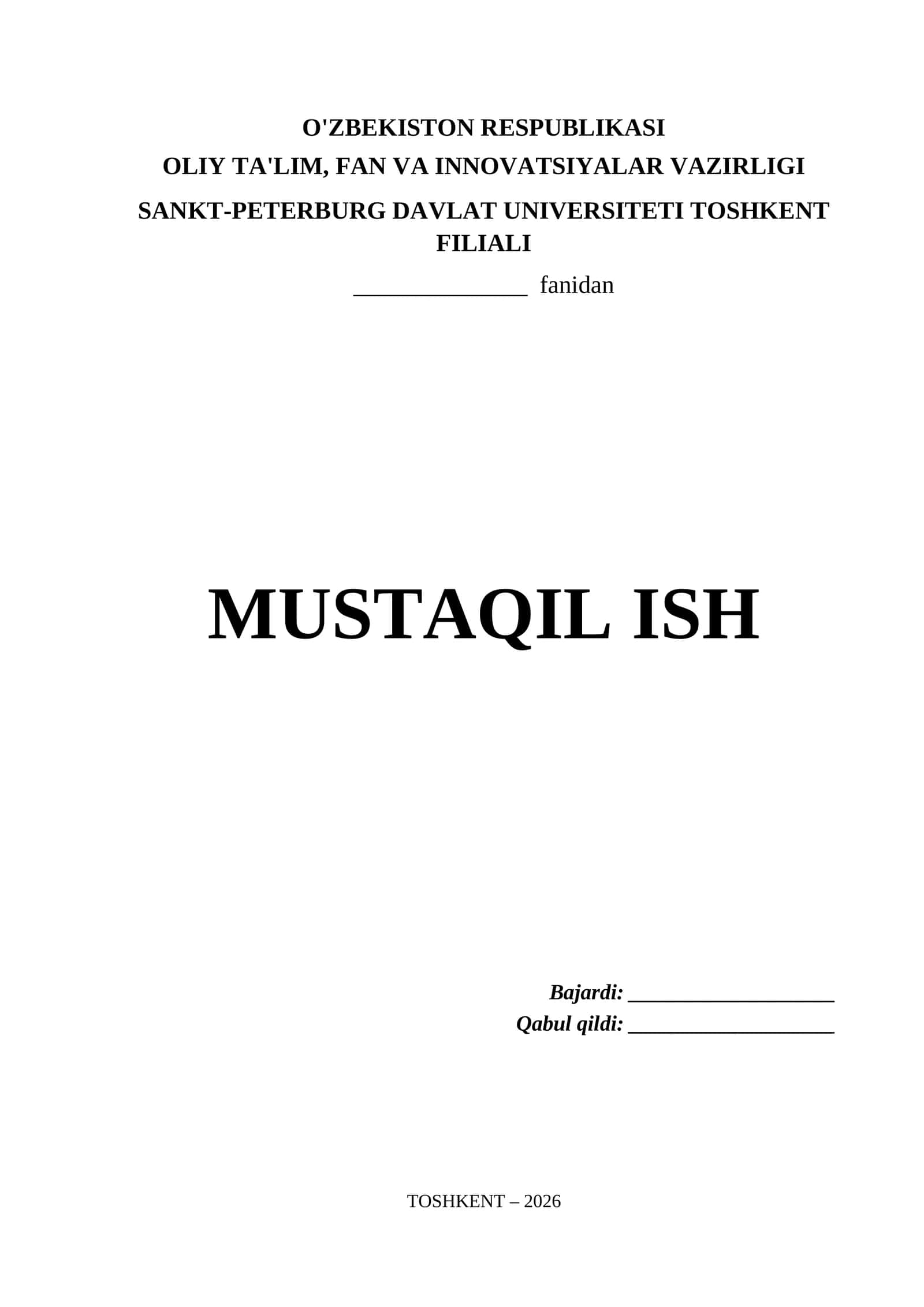 Sankt-Peterburg Davlat Universiteti Toshkent Filiali Mustaqil Ish Titul Varaq (.docx) 1