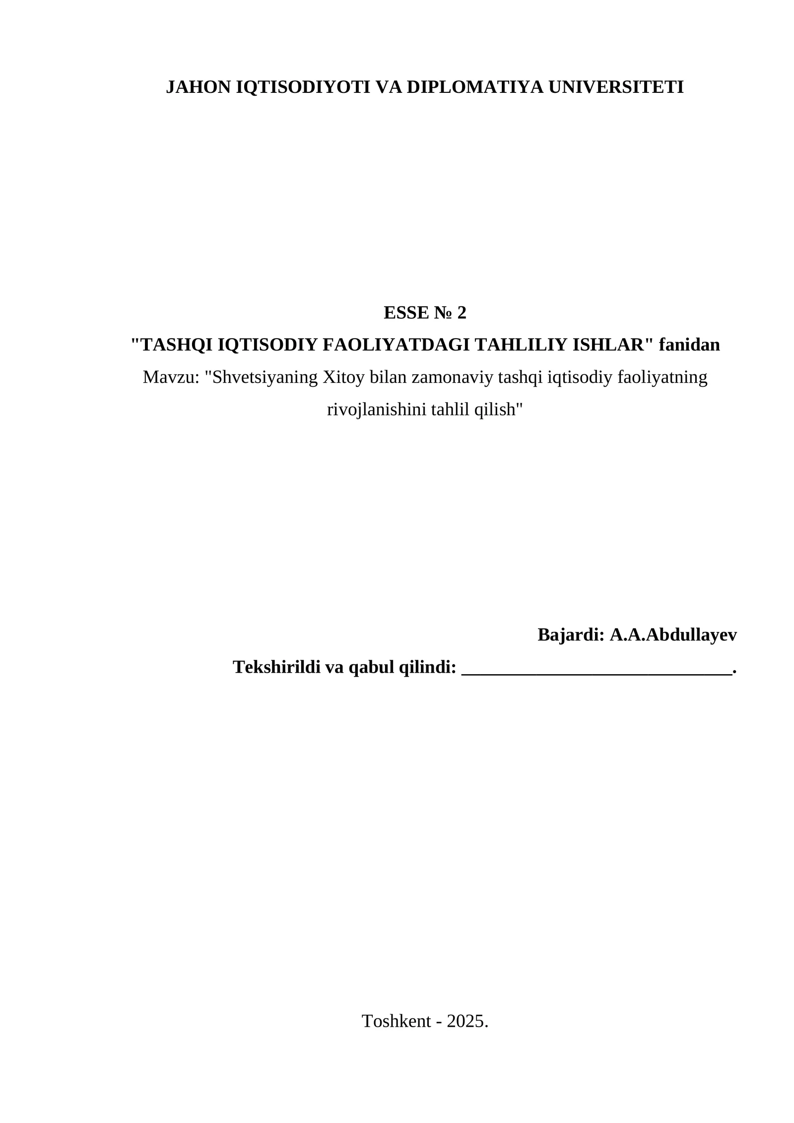 "Shvetsiyaning Xitoy bilan zamonaviy tashqi iqtisodiy faoliyatning rivojlanishini tahlil qilish" 1