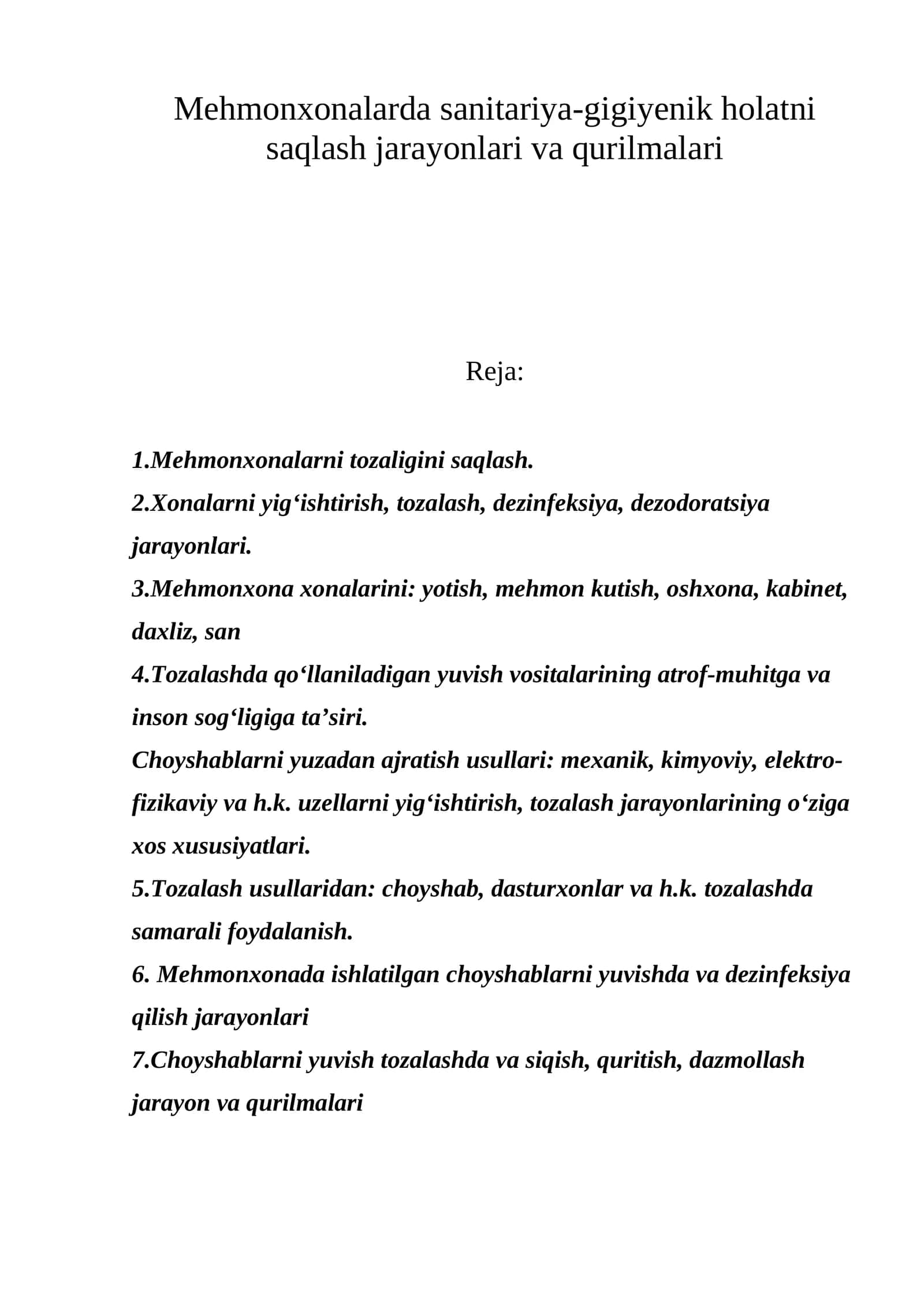 Mehmonxonalarda sanitariya-gigiyenik holatni saqlash jarayonlari va qurilmalari 1