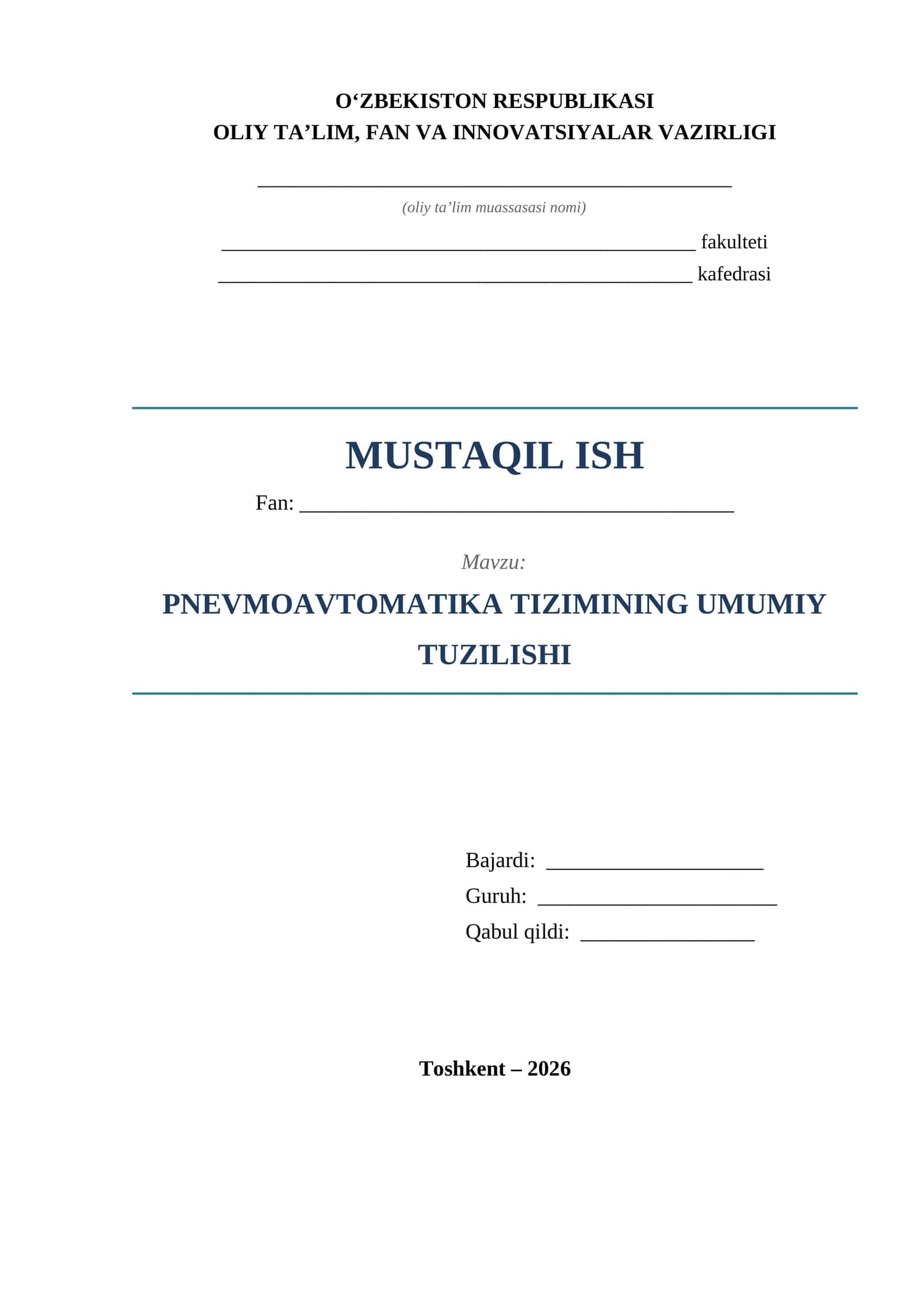 Pnevmoavtomatika tizimining umumiy tuzilishi 1
