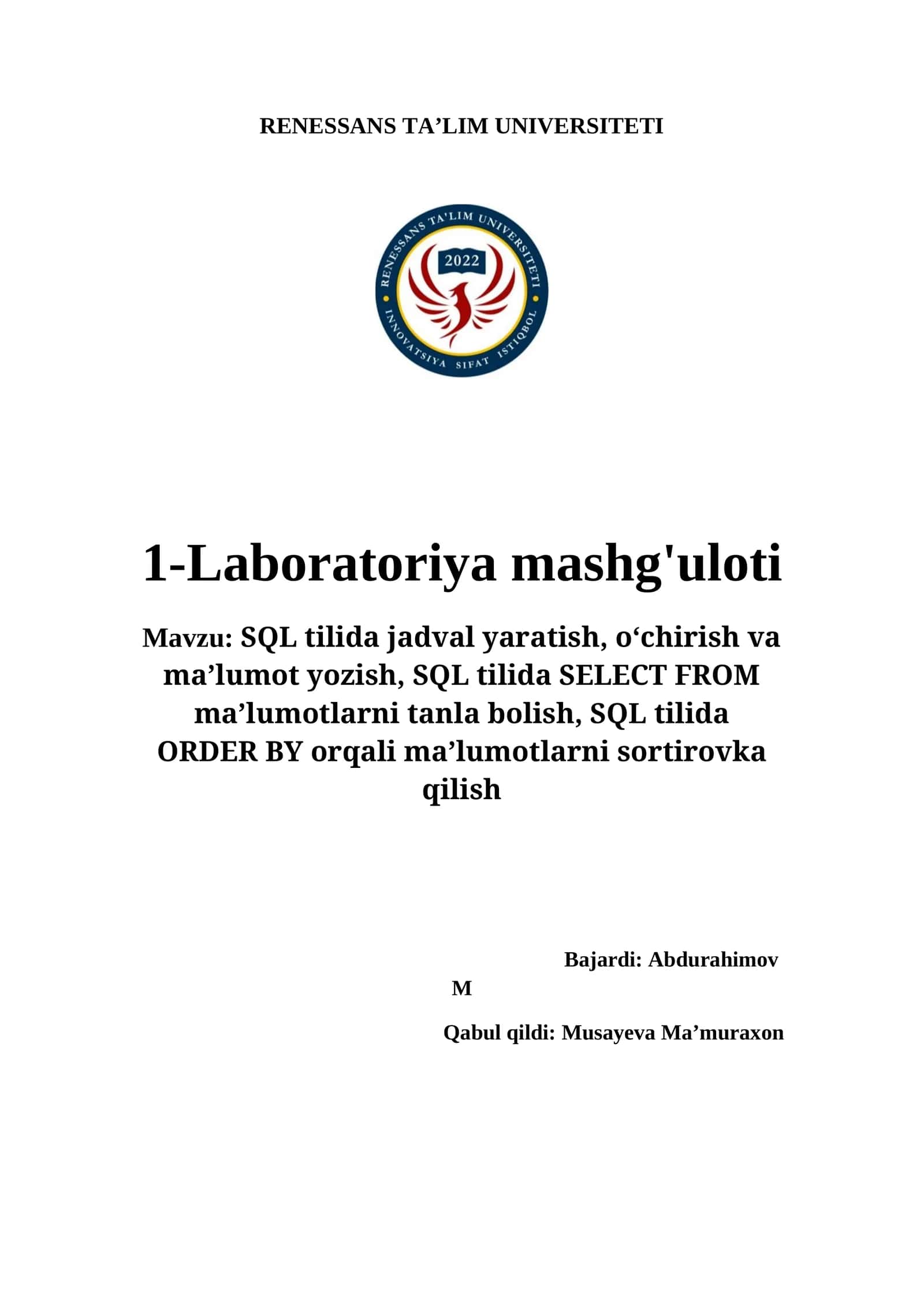 SQL tilida jadval yaratish, o‘chirish va ma'lumot yozish 1