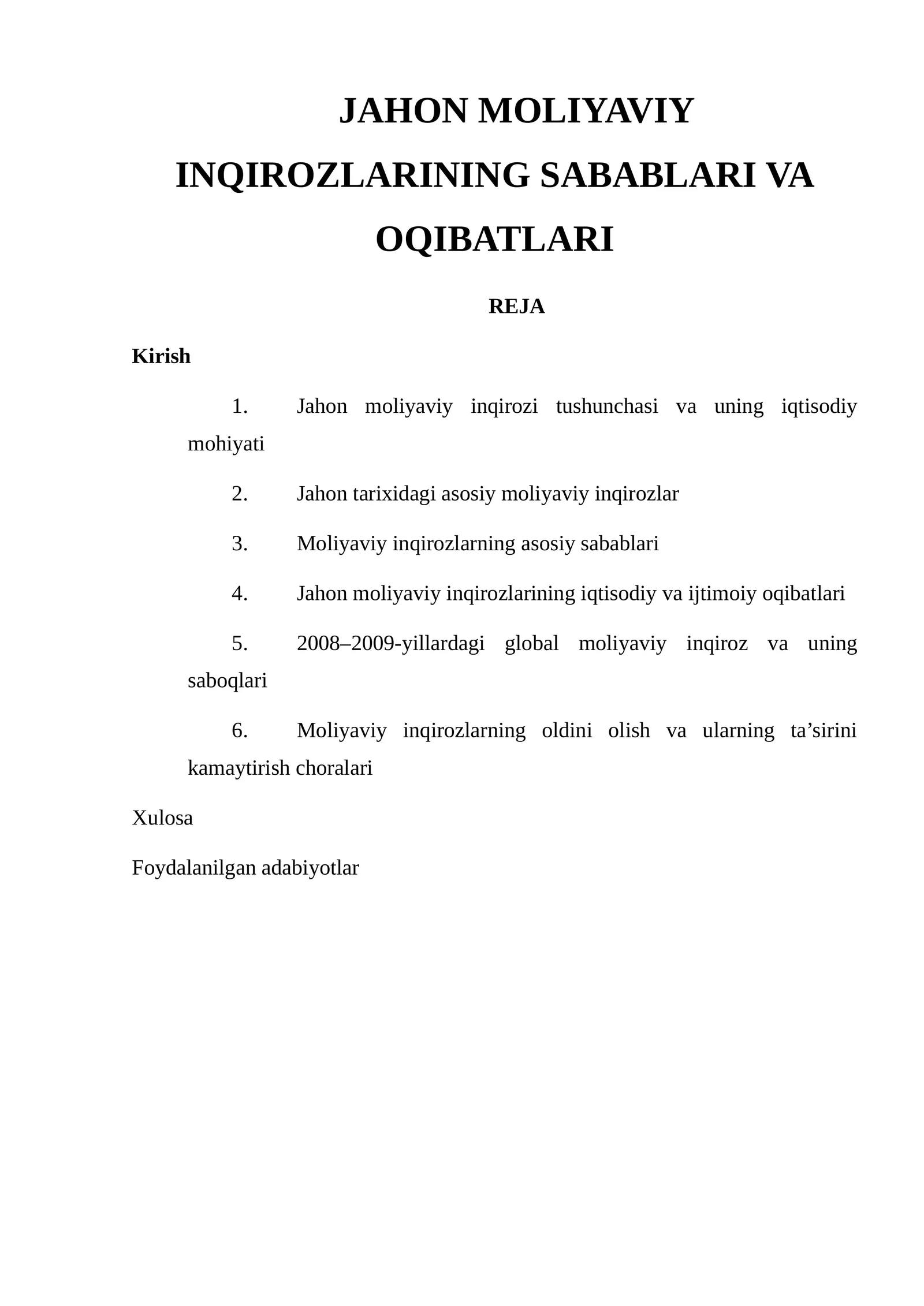 JAHON MOLIYAVIY INQIROZLARINING SABABLARI VA OQIBATLARI 1