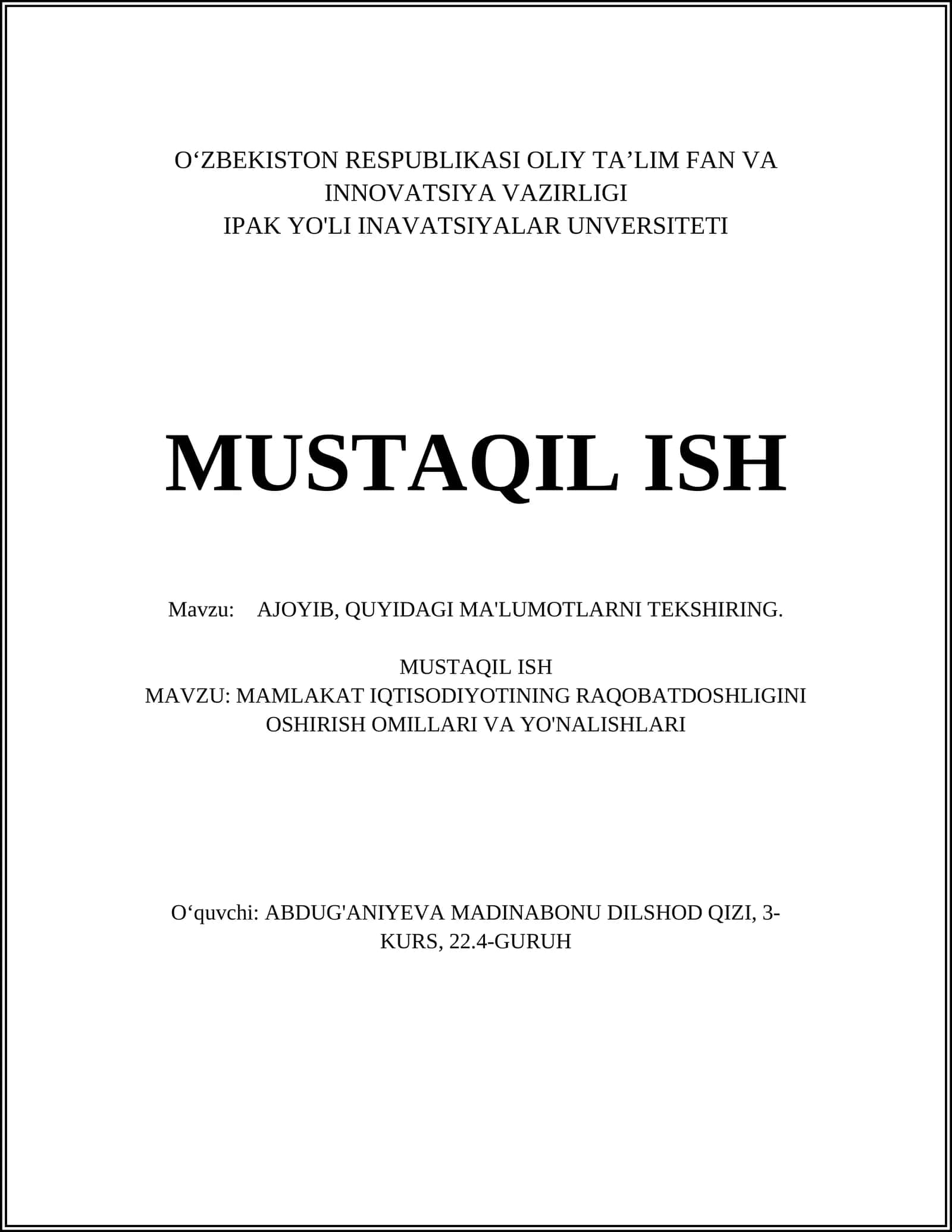 MAMLAKAT IQTISODIYOTINING RAQOBATDOSHLIGINI OSHIRISH OMILLARI VA YO'NALISHLARI 1