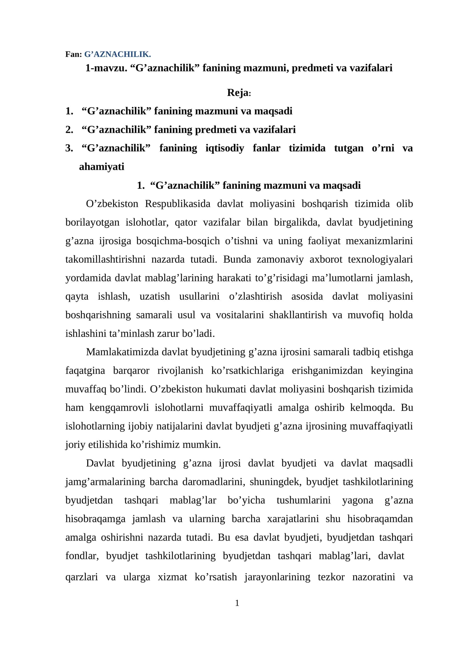 G’aznachilik fanining mazmuni, predmeti va vazifalari 1