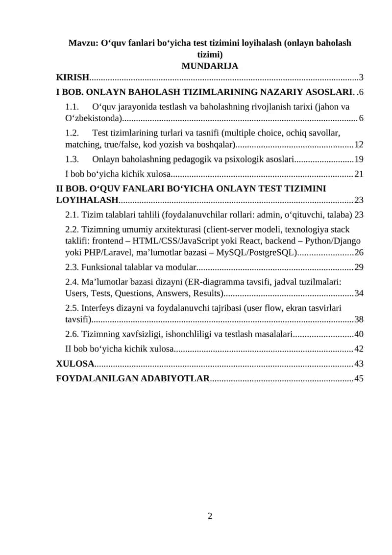 O‘quv fanlari bo‘yicha test tizimini loyihalash (onlayn baholash tizimi) 1