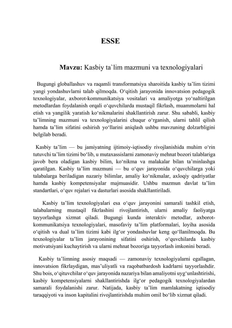 Kasbiy taʼlim mazmuni va texnologiyalari. ESSE 1