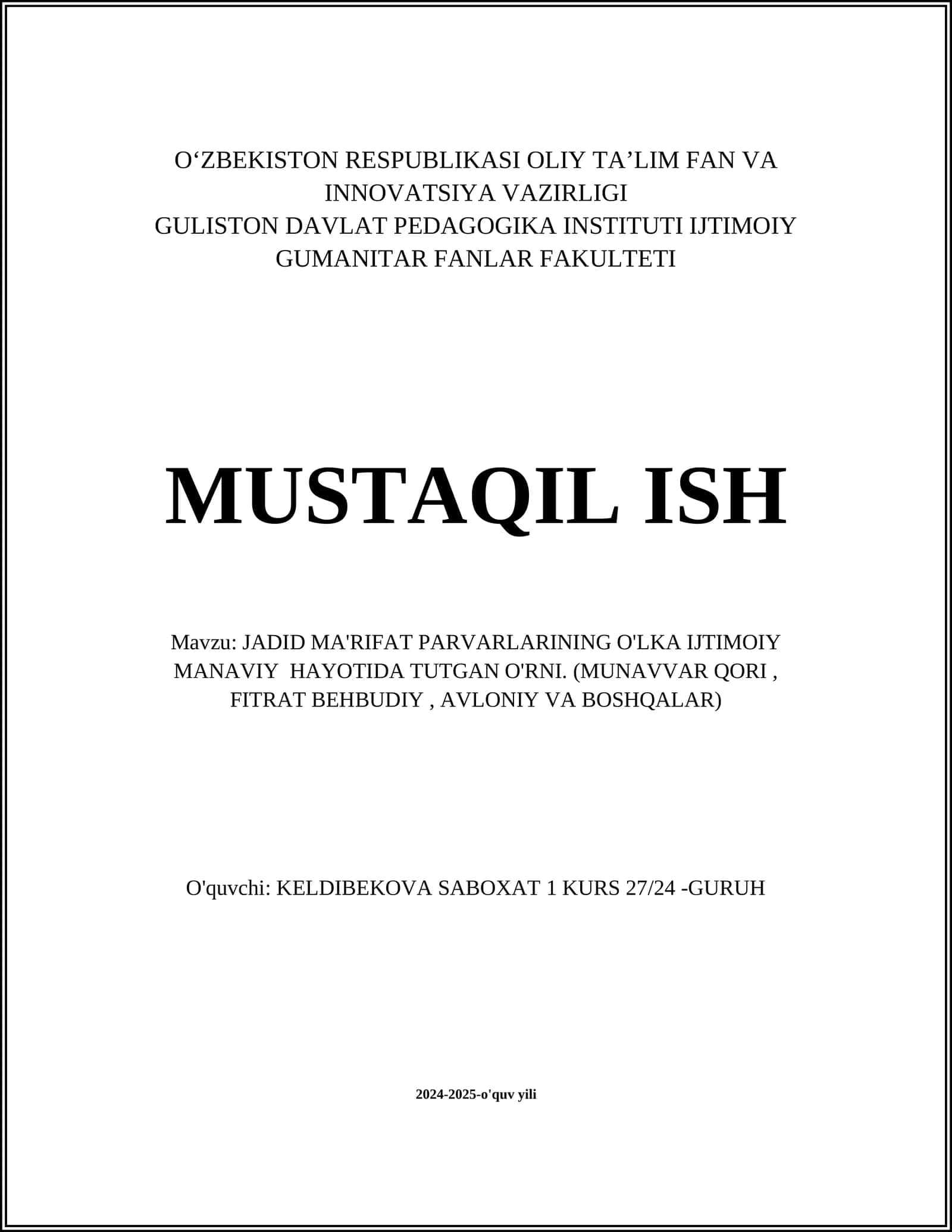 JADID MA'RIFAT PARVARLARINING O'LKA IJTIMOIY MANAVIY HAYOTIDA TUTGAN O'RNI 1