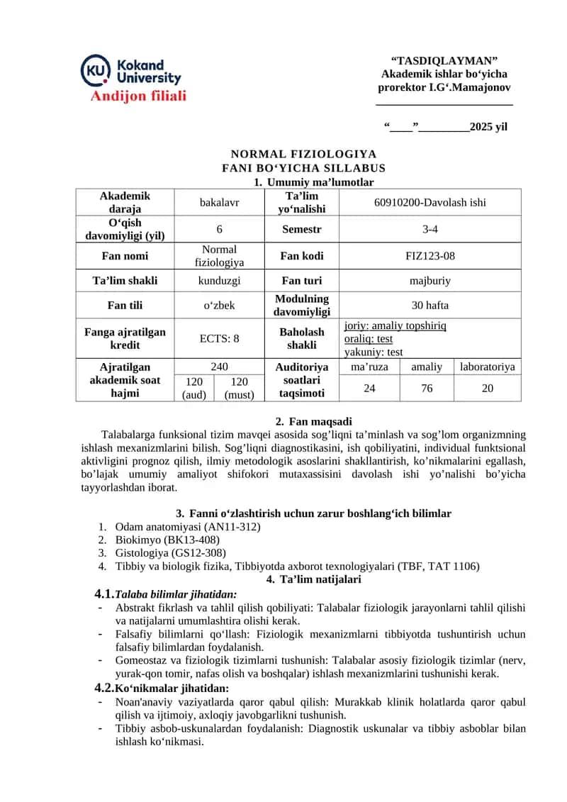 NORMAL FIZIOLOGIYA FANI BO‘YICHA SILLABUS 1