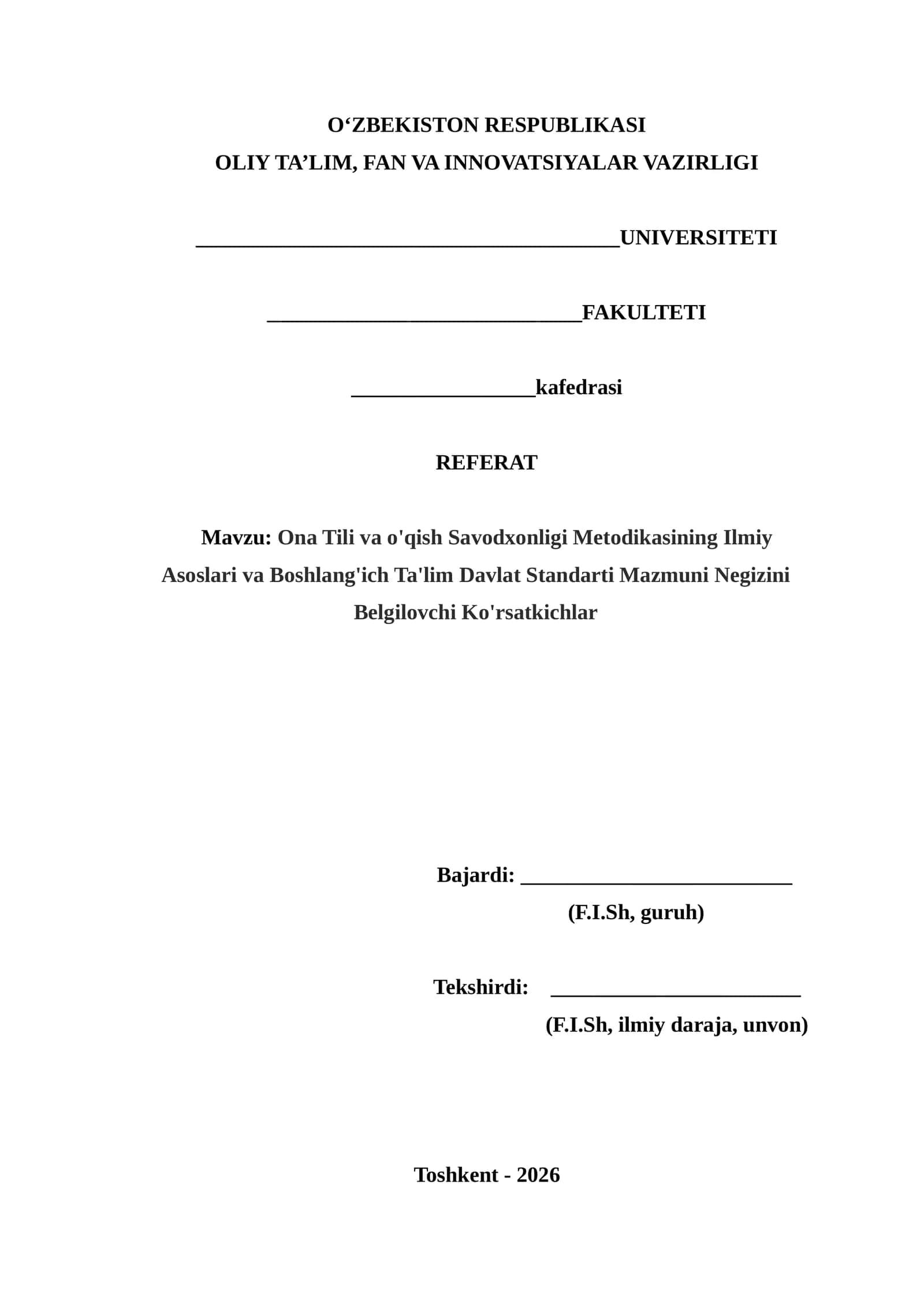 Ona Tili va o'qish Savodxonligi Metodikasining Ilmiy Asoslari va Boshlang'ich Ta'lim Davlat Standarti Mazmuni Negizini Belgilovchi Ko'rsatkichlar 1