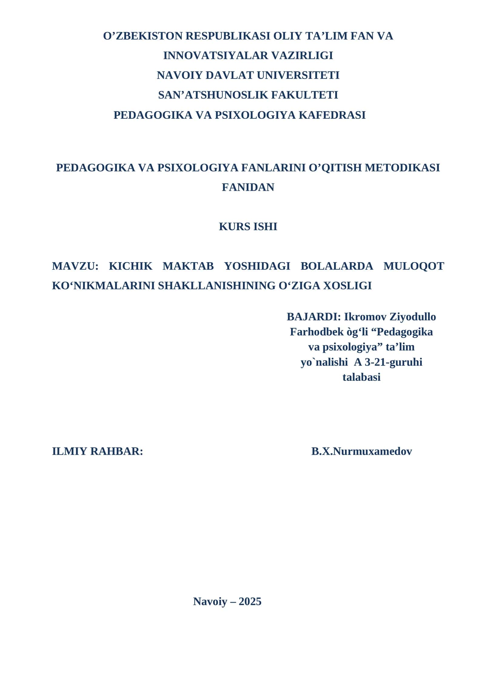 PEDAGOGIKA VA PSIXOLOGIYA FANLARINI O’QITISH METODIKASI FANIDAN  KURS ISHI 1