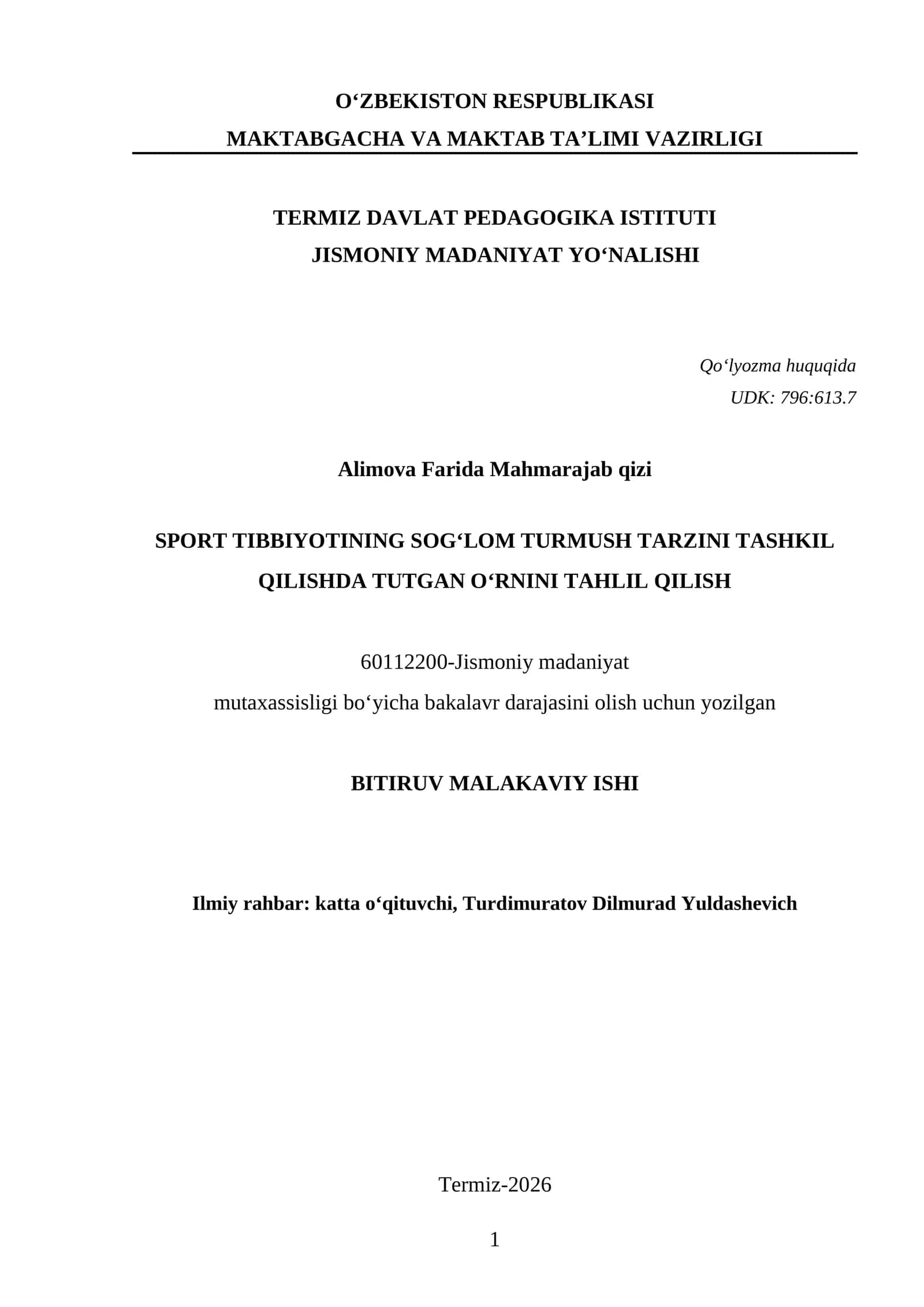 SPORT TIBBIYOTINING SOG‘LOM TURMUSH TARZINI TASHKIL QILISHDA TUTGAN O‘RNINI TAHLIL QILISH 1