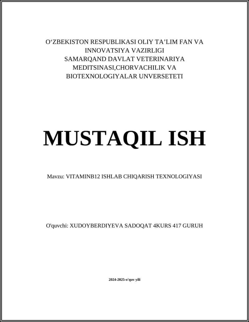 VITAMINB12 ISHLAB CHIQARISH TEXNOLOGIYASI 1