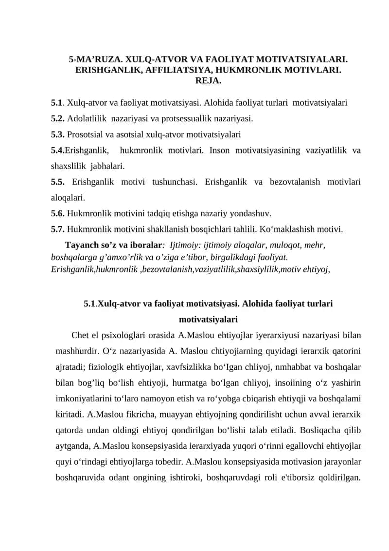 5-MA’RUZA. XULQ-ATVOR VA FAOLIYAT MOTIVATSIYALARI 1