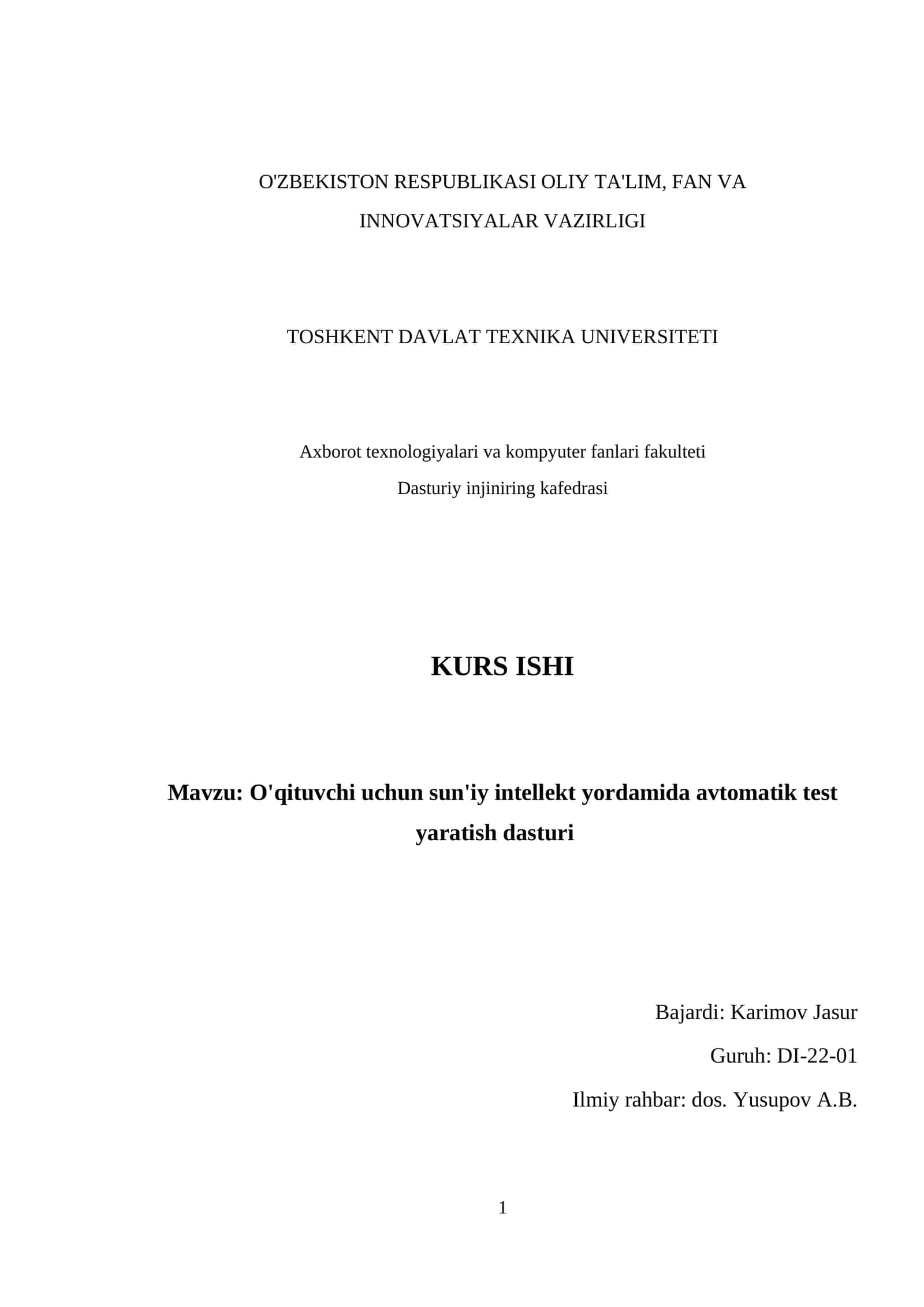 O'qituvchi uchun sun'iy intellekt yordamida avtomatik test yaratish dasturi 1