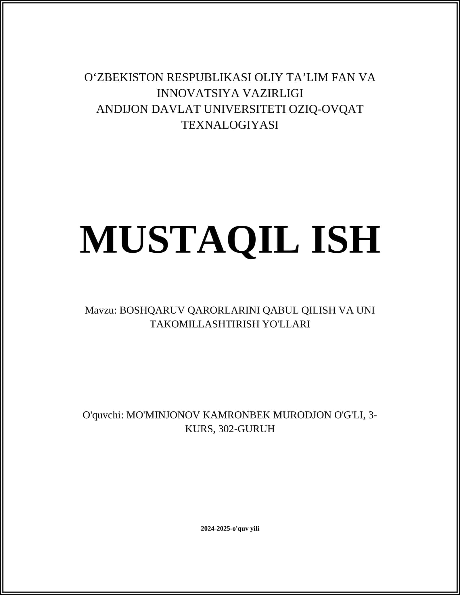 BOSHQARUV QARORLARINI QABUL QILISH VA UNI TAKOMILLASHTIRISH YO'LLARI 1