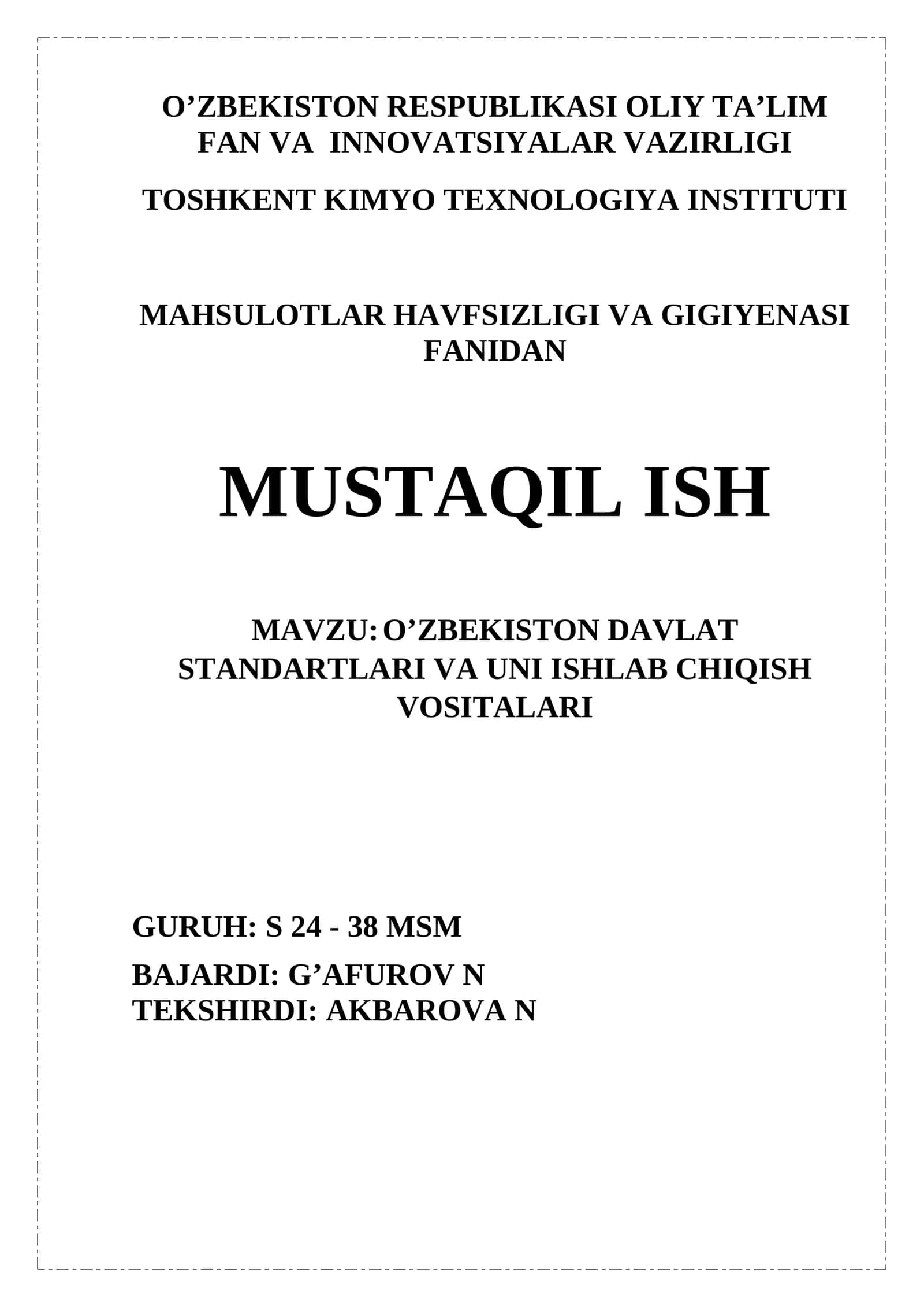 O’ZBEKISTON DAVLAT STANDARTLARI VA UNI ISHLAB CHIQISH VOSITALARI 1