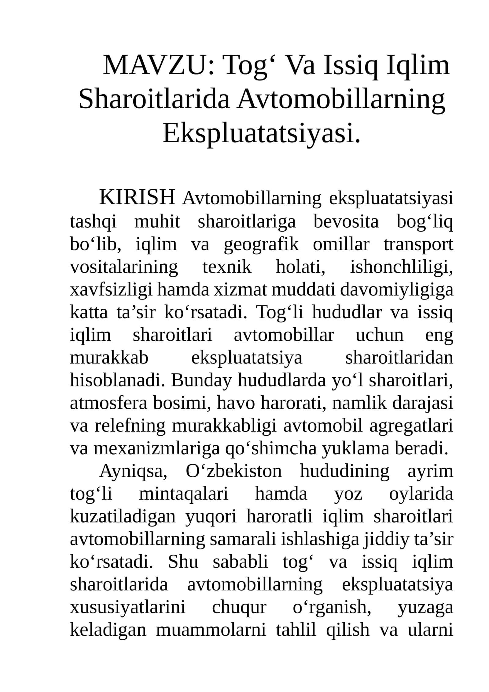 Tog‘ Va Issiq Iqlim Sharoitlarida Avtomobillarning Ekspluatatsiyasi 1