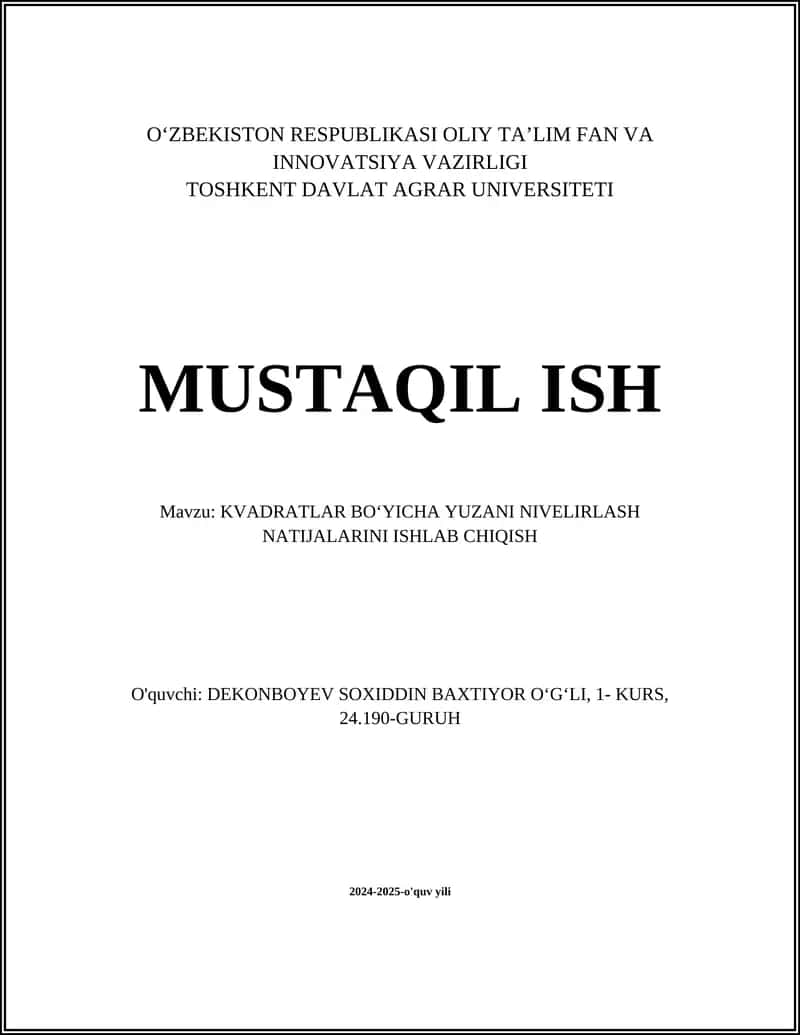 KVADRATLAR BOʻYICHA YUZANI NIVELIRLASH NATIJALARINI ISHLAB CHIQISH 1