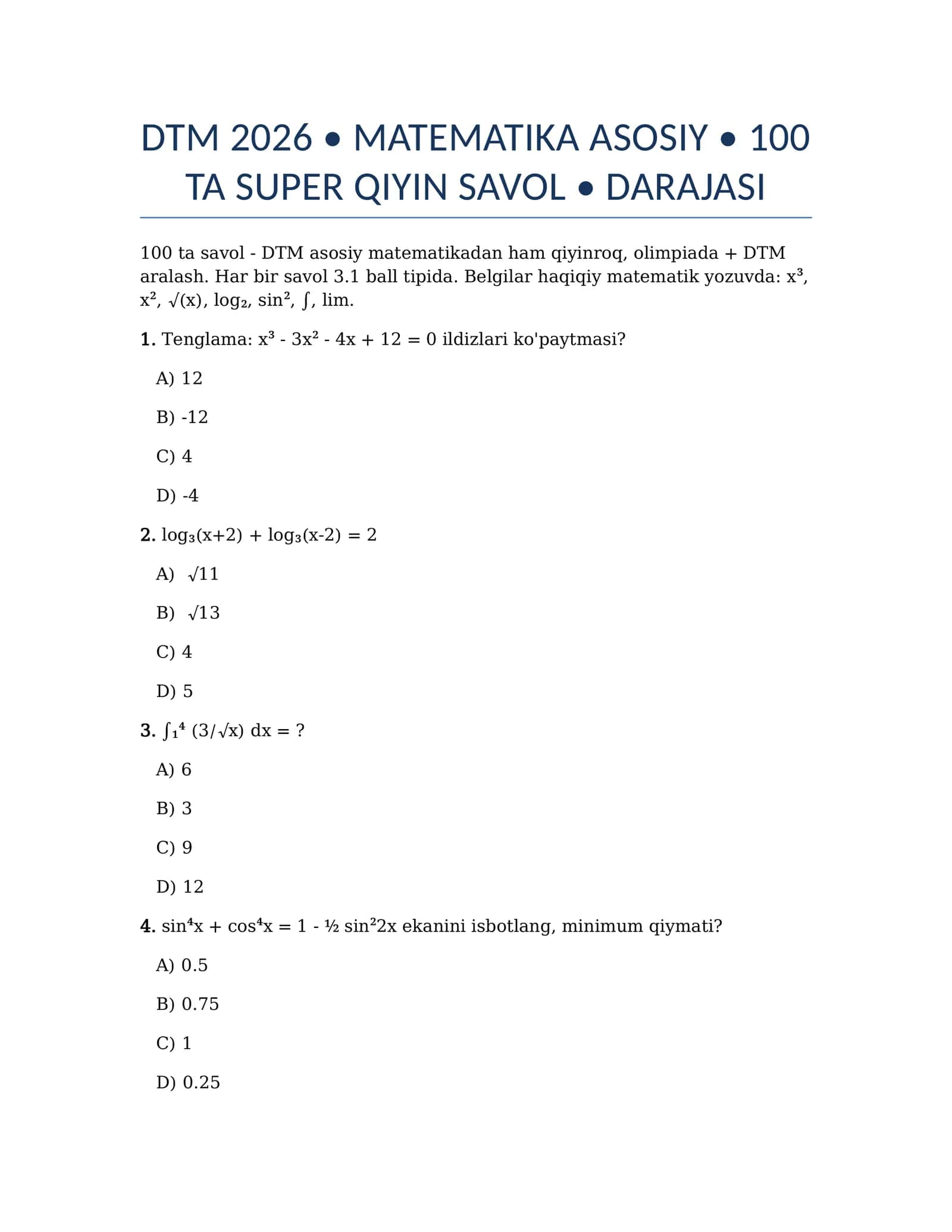 DTM 2026 • MATEMATIKA ASOSIY • 100 TA SAVOL 1