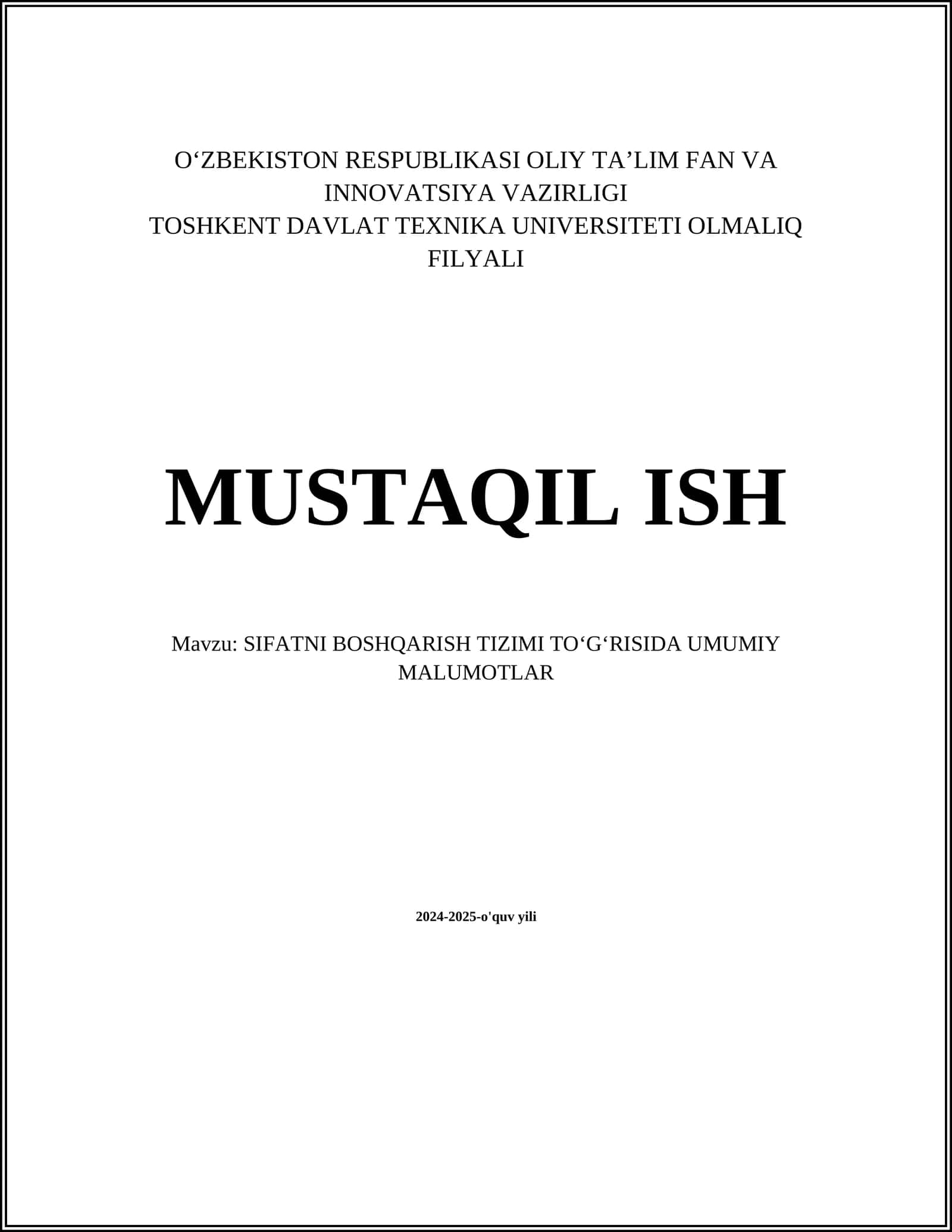 SIFATNI BOSHQARISH TIZIMI TOʻGʻRISIDA UMUMIY MALUMOTLAR 1