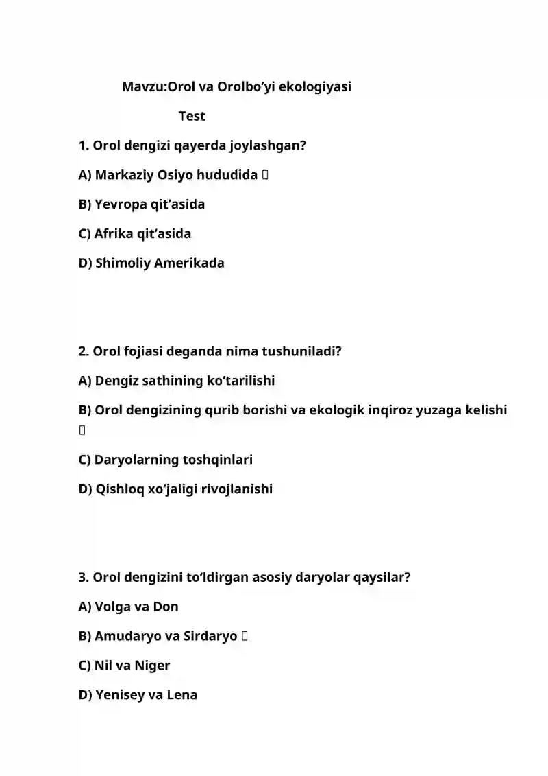 Orol va Orolbo’yi ekologiyasi