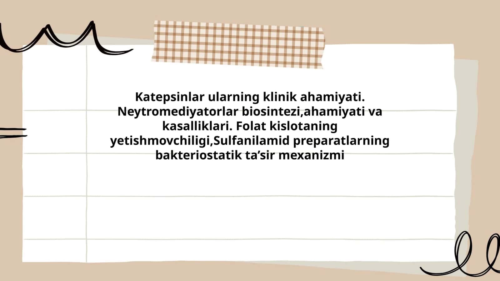 Katepsinlar ularning klinik ahamiyati. Neytromediyatorlar biosintezi,ahamiyati va kasalliklari. Folat kislotaning yetishmovchiligi,Sulfanilamid preparatlarning bakteriostatik ta’sir mexanizmi 1