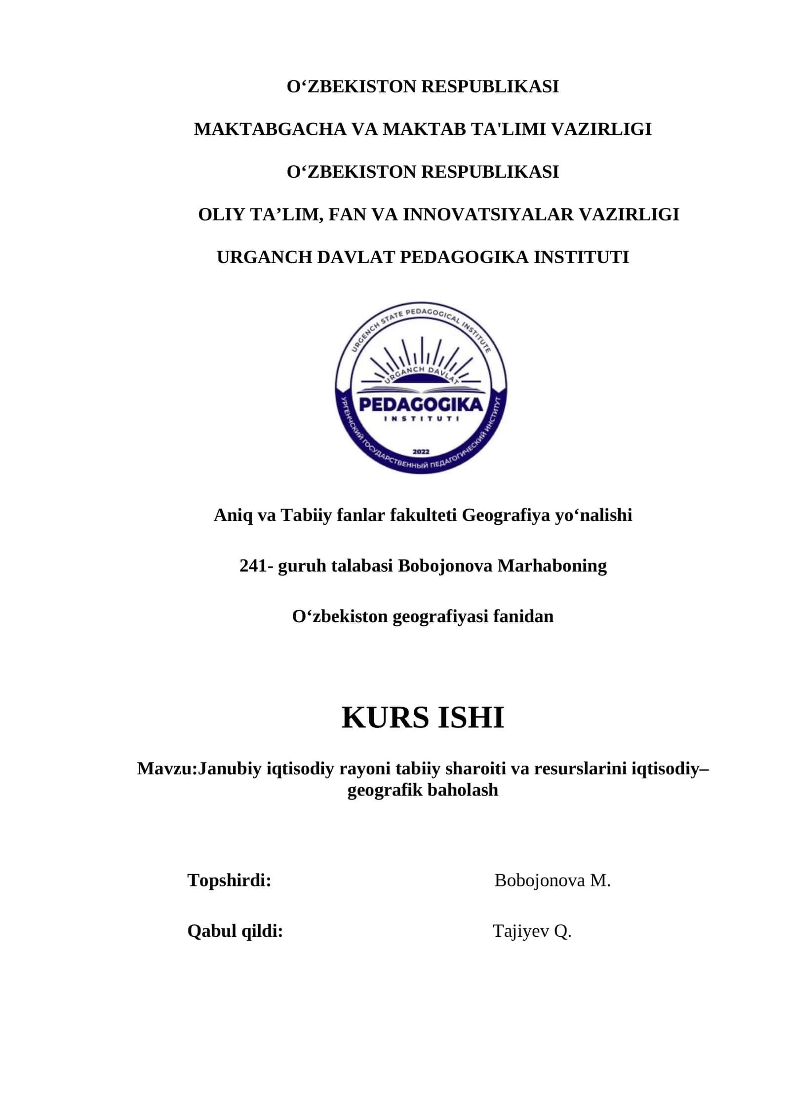 Janubiy iqtisodiy rayoni tabiiy sharoiti va resurslarini iqtisodiy–geografik baholash 1