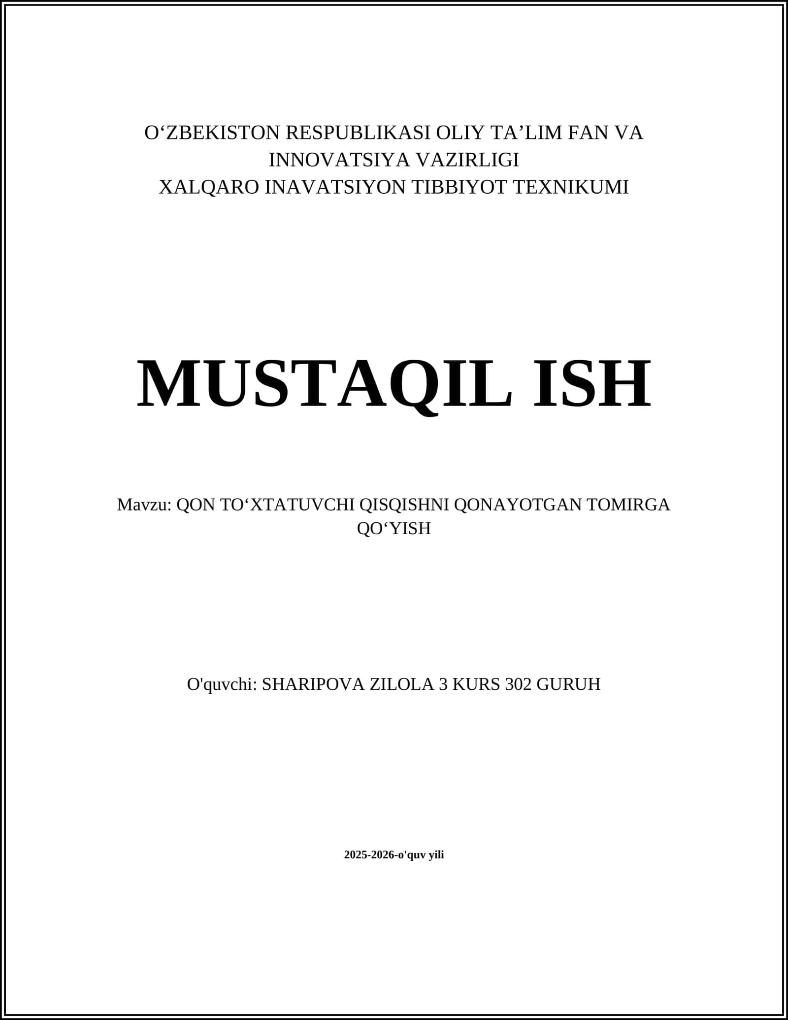 QON TO'XTATUVCHI QISQISHNI QONAYOTGAN TOMIRGA QO'YISH 1