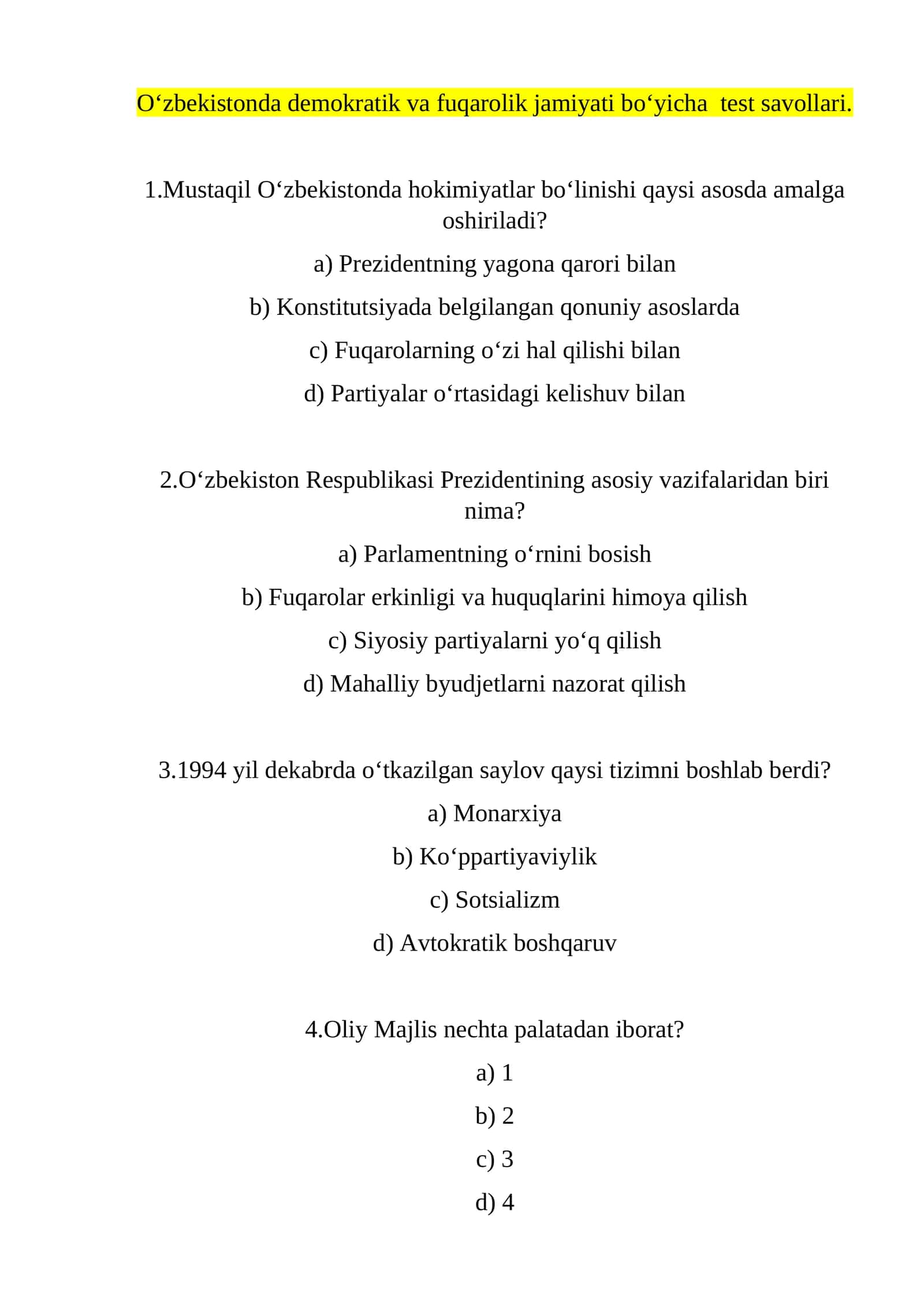 O‘zbekistonda demokratik va fuqarolik jamiyati bo‘yicha test savollari 1