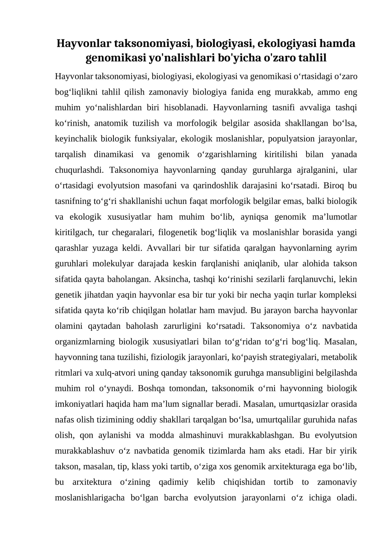 Hayvonlar taksonomiyasi, biologiyasi, ekologiyasi hamda genomikasi yo'nalishlari bo'yicha o'zaro tahlil 1