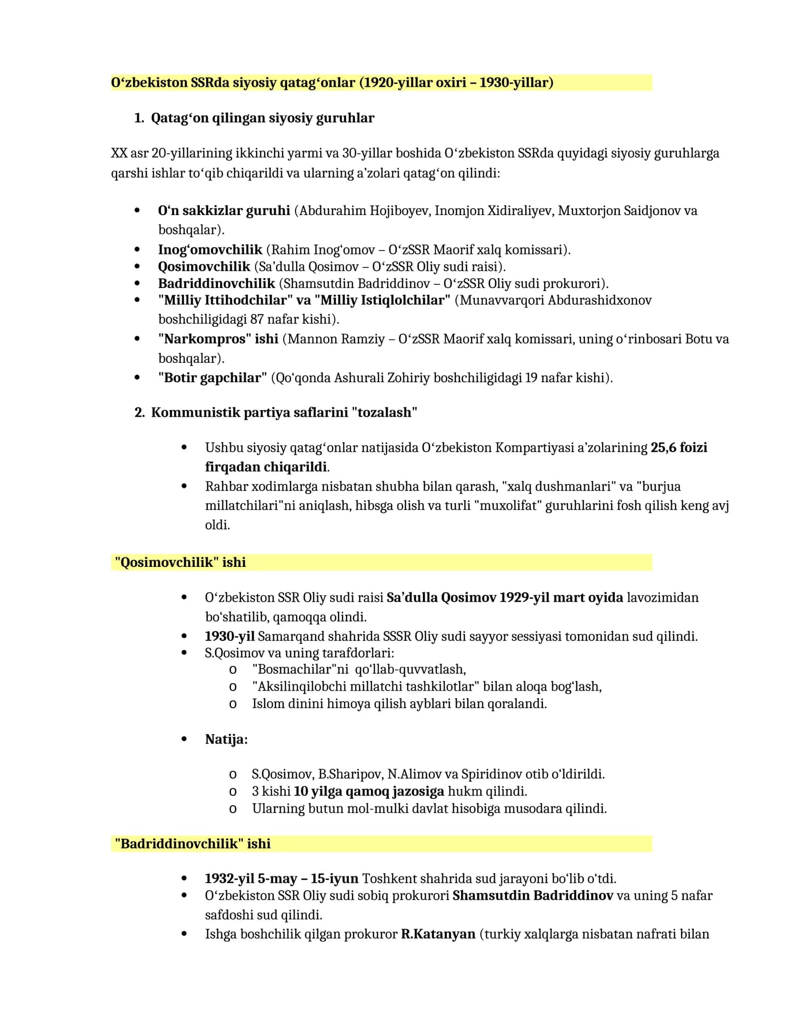 Oʻzbekiston SSRda siyosiy qatagʻonlar (1920-yillar oxiri – 1930-yillar) 1