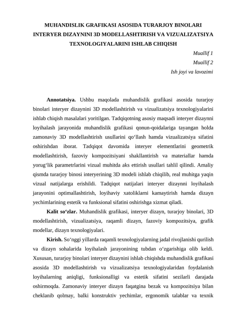 MUHANDISLIK GRAFIKASI ASOSIDA TURARJOY BINOLARI INTERYER DIZAYNINI 3D MODELLASHTIRISH VA VIZUALIZATSIYA TEXNOLOGIYALARINI ISHLAB CHIQISH 1