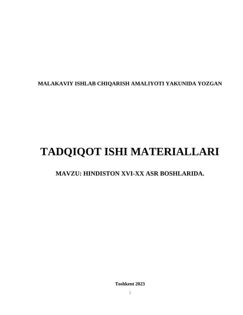 MALAKAVIY ISHLAB CHIQARISH AMALIYOTI YAKUNIDA YOZGAN TADQIQOT ISHI MATERIALLARI - HINDISTON XVI-XX ASR BOSHLARIDA 1