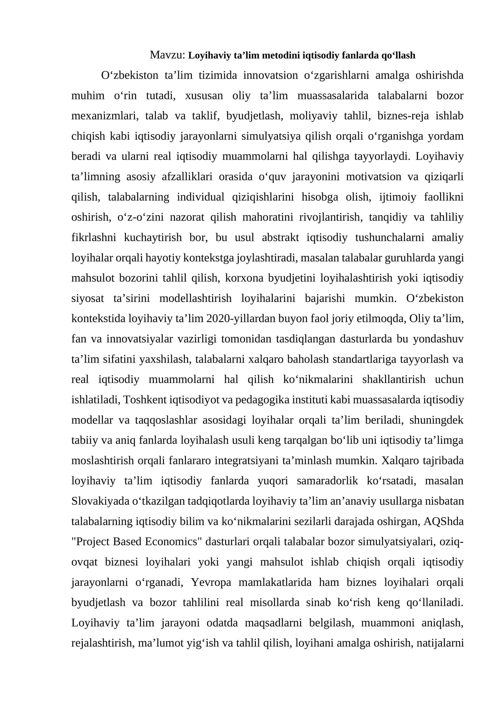 Loyihaviy ta’lim metodini iqtisodiy fanlarda qo‘llash 1
