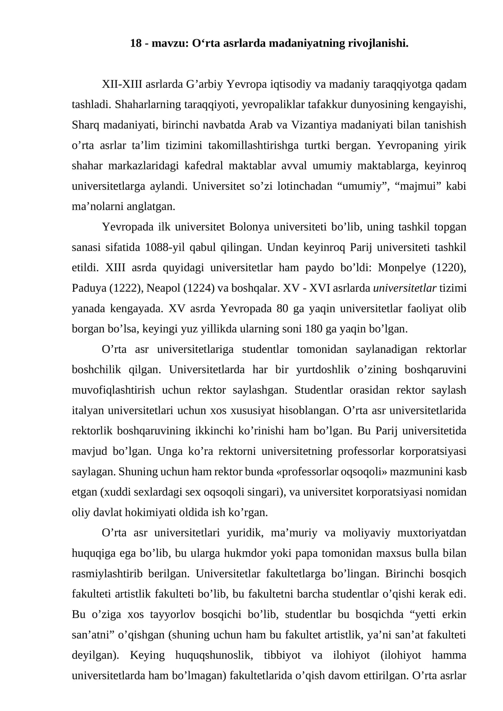 O‘rta asrlarda madaniyatning rivojlanishi 1
