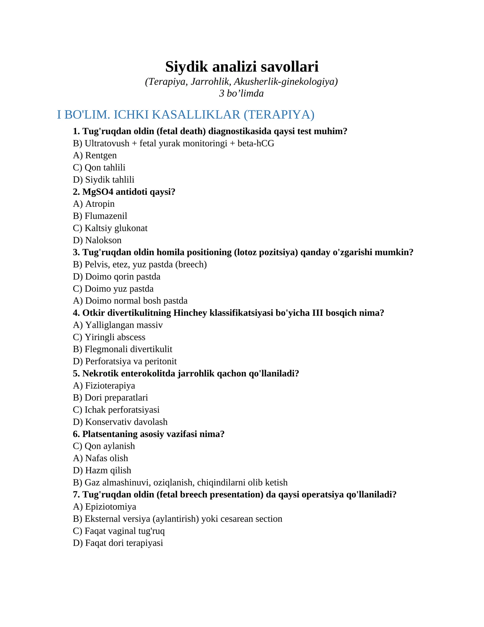 Siydik analizi savollari 1