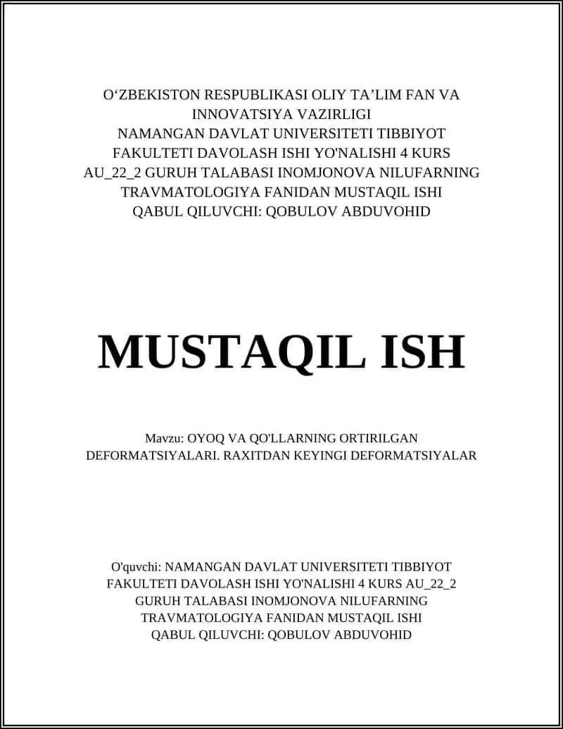 OYOQ VA QO'LLARNING ORTIRILGAN DEFORMATSIYALARI. RAXITDAN KEYINGI DEFORMATSIYALAR 1