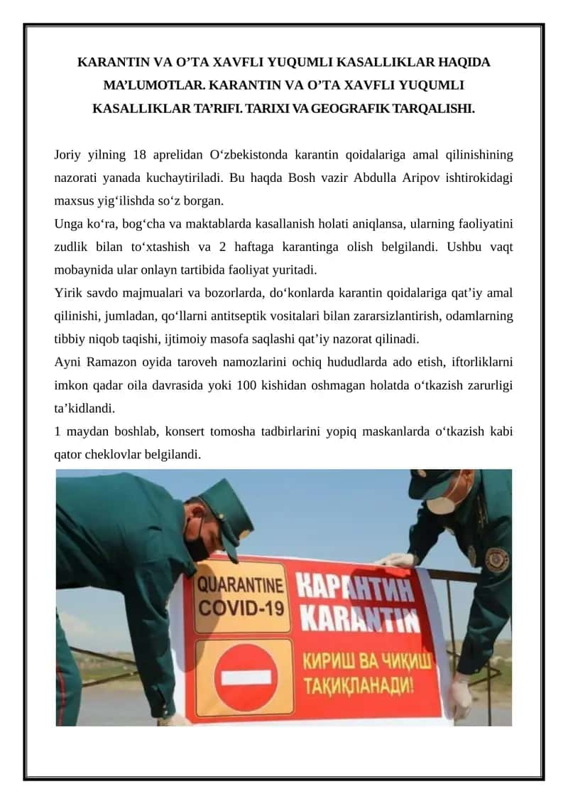 Karantin va O'ta xavfli yuqumli kasalliklar haqida ma'lumotlar 1