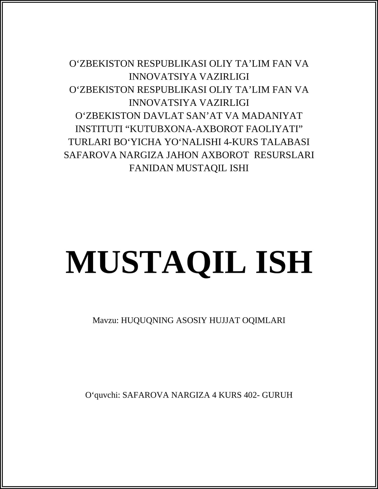 HUQUQNING ASOSIY HUJJAT OQIMLARI 1