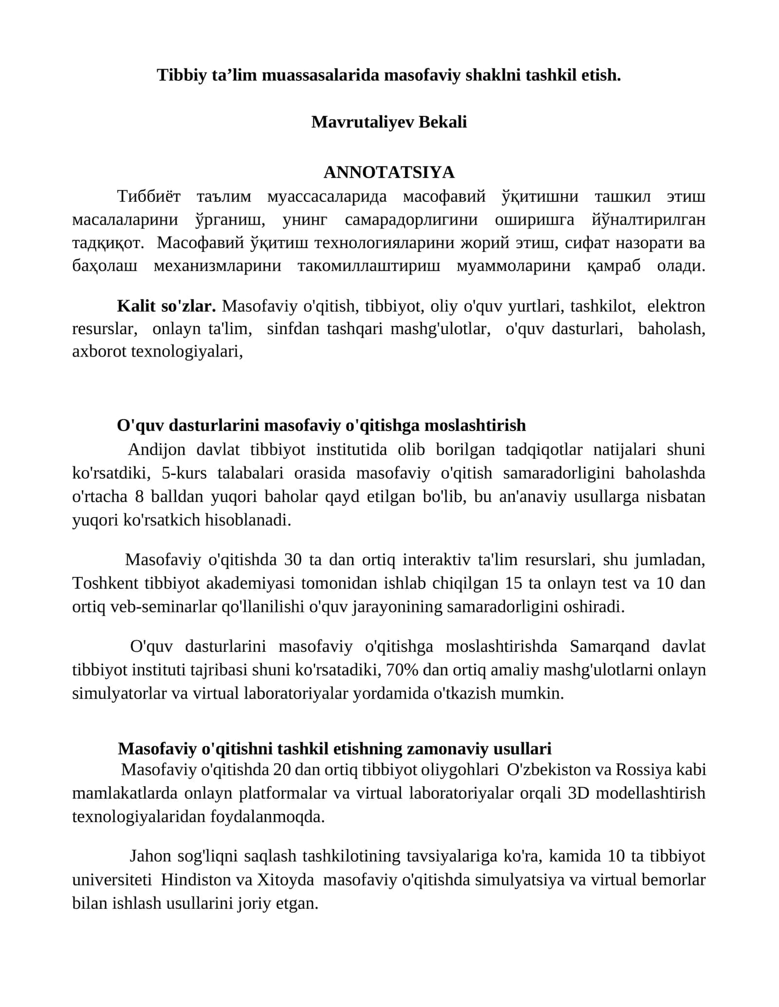 Tibbiy ta’lim muassasalarida masofaviy shaklni tashkil etish 1