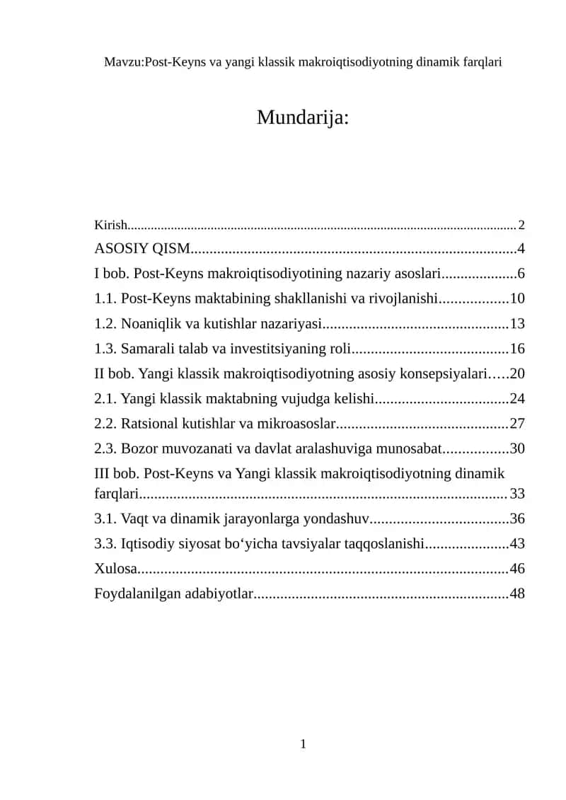 Post-Keyns va Yangi klassik makroiqtisodiyotning dinamik farqlari 1